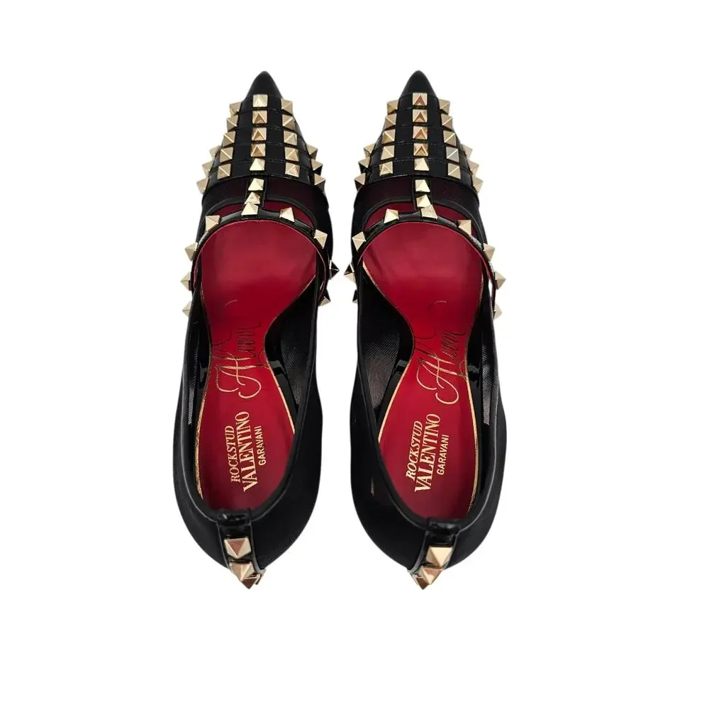 Valentino Garavani Rockstud Alcove Black Patent Leather Mesh Pump Heel Size 39 9